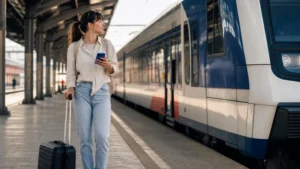 Traveller with a smartphone and luggage at a Serbian railway platform.