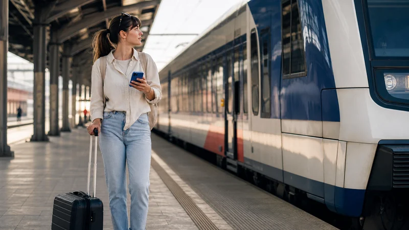 Traveller with a smartphone and luggage at a Serbian railway platform.