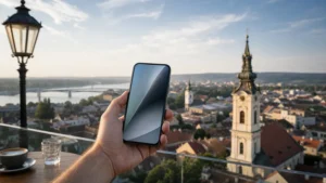 Traveller using a smartphone during serbia esim on iphone in Serbia.