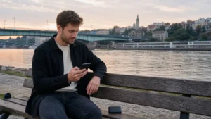 Traveller comparing a smartphone and pocket WiFi beside the Belgrade riverside.
