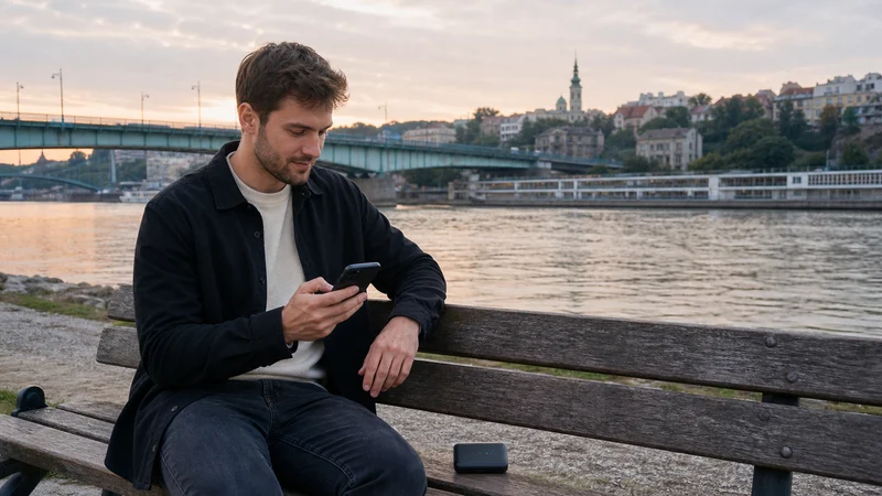 Traveller comparing a smartphone and pocket WiFi beside the Belgrade riverside.