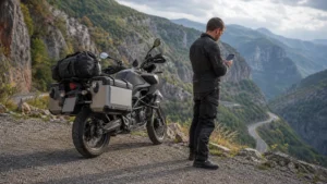 Traveller using a smartphone during serbia motorcycle trip in Serbia.