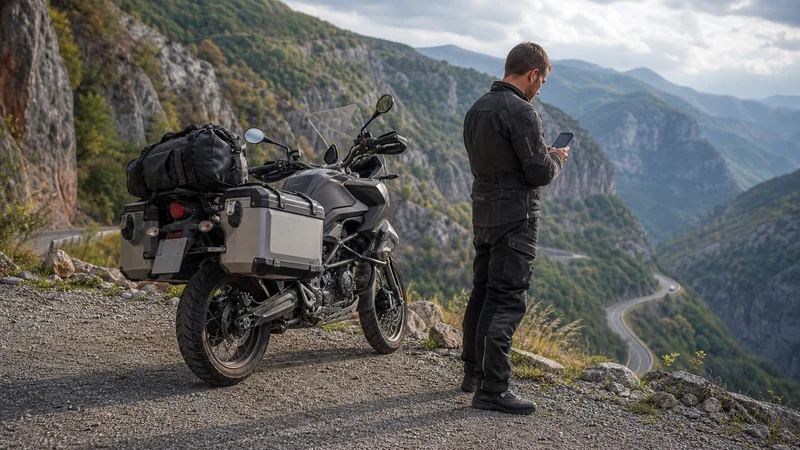 Traveller using a smartphone during serbia motorcycle trip in Serbia.