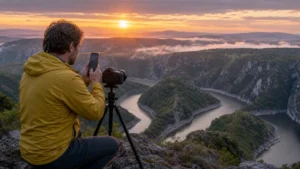 Traveller using a smartphone during serbia photography trip in Serbia.
