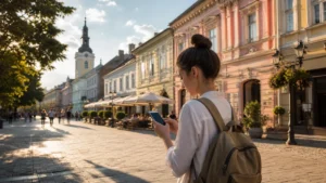 Weekend traveller using a smartphone in Novi Sad old town.
