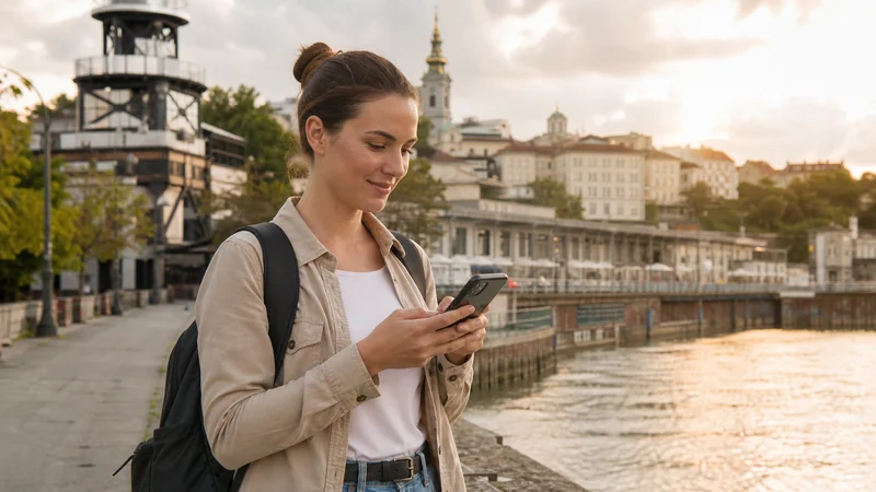 Traveller using a smartphone during solo travel in serbia in Serbia.