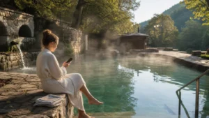 Traveller using a smartphone during internet at serbia thermal spas in Serbia.