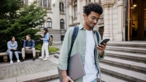 Traveller using a smartphone during serbia mobile data for international students in Serbia.