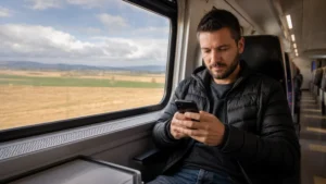 Traveller using a smartphone during serbia train wifi and mobile data in Serbia.