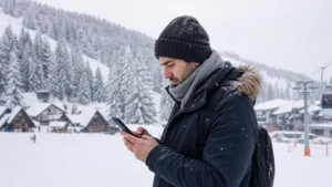 Traveller using a smartphone during serbia winter travel in Serbia.