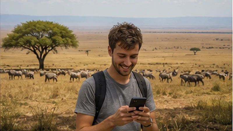 Traveller checking mobile internet in Serengeti National Park