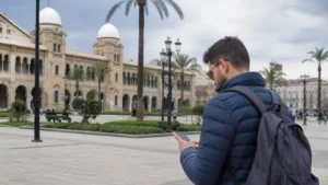 Traveller using mobile internet in Setif Algeria