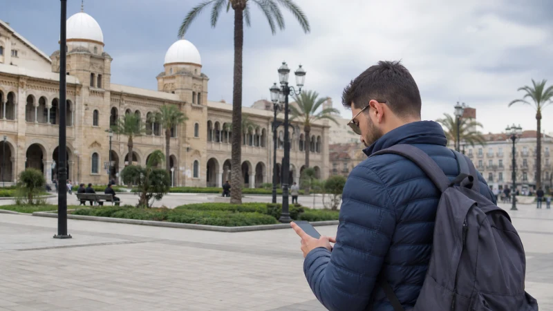 Traveller using mobile internet in Setif Algeria