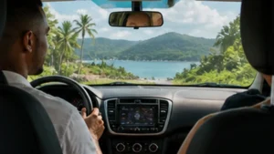 Traveller using a smartphone between Seychelles Airport and Victoria