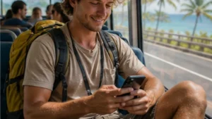Backpacker using a smartphone to stay connected in Seychelles