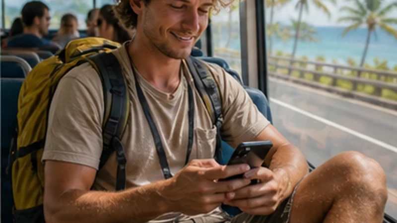 Backpacker using a smartphone to stay connected in Seychelles