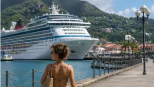 Cruise traveller using a smartphone at a port in Seychelles