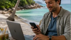 Digital nomad working online with a smartphone in Seychelles