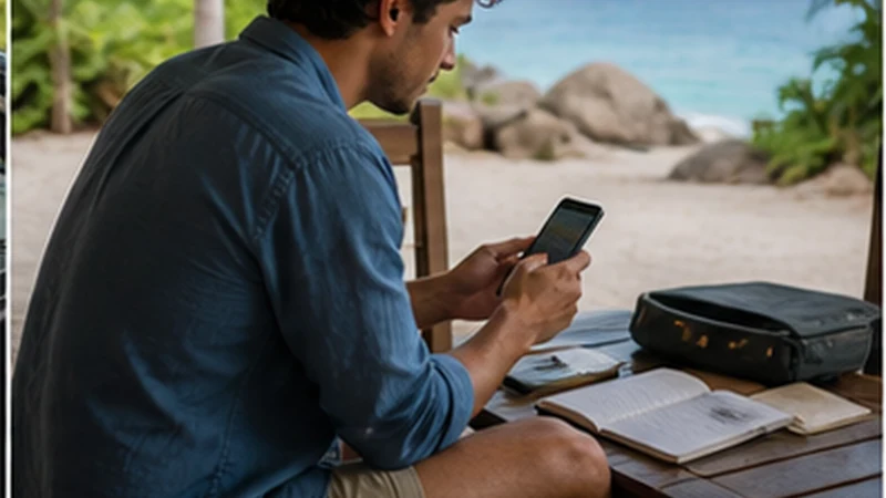 Traveller preparing a smartphone for emergency connectivity in Seychelles