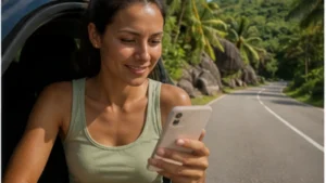 Traveller checking Seychelles eSIM coverage on a smartphone