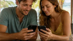 Traveller using a smartphone in Seychelles while comparing eSIM prices