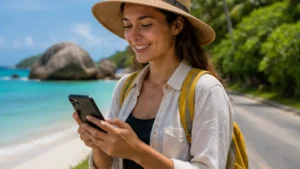 Traveller using a smartphone while assessing eSIM value in Seychelles
