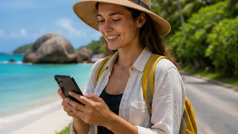 Traveller using a smartphone while assessing eSIM value in Seychelles