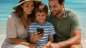 Family travellers using mobile internet in Seychelles