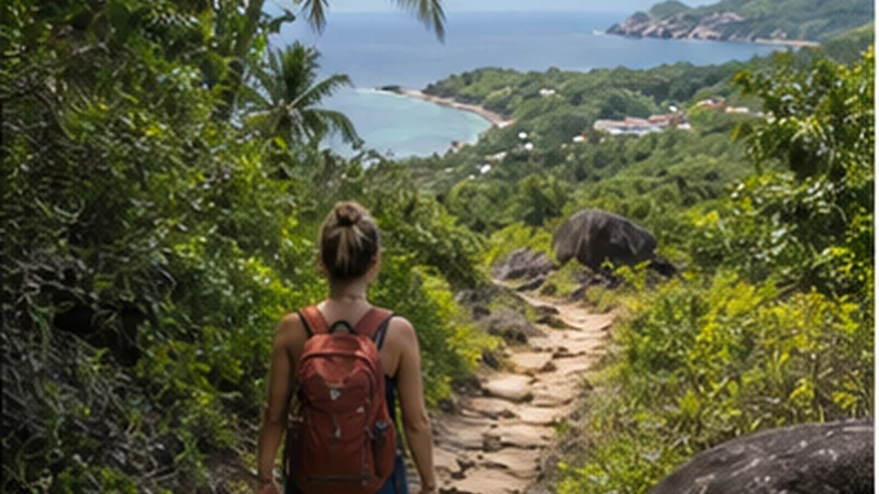 Hiker using a smartphone on a trail in Seychelles