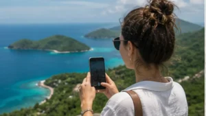 Traveller using a smartphone while island-hopping in Seychelles