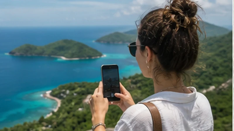 Traveller using a smartphone while island-hopping in Seychelles