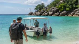 Traveller using a smartphone on a remote island in Seychelles