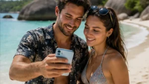 Traveller using mobile data during a short trip to Seychelles