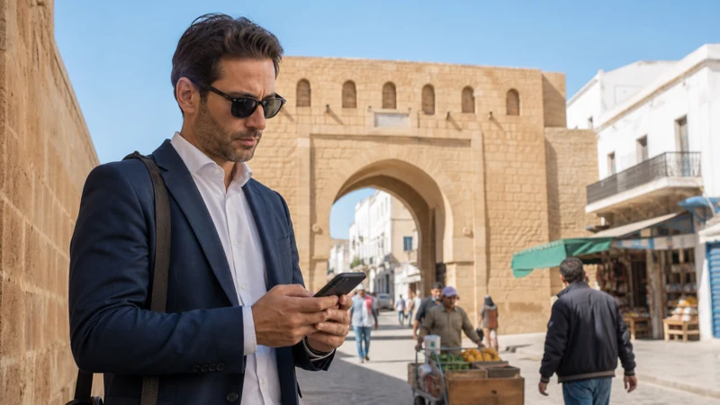 Traveller using a smartphone for Sfax Mobile Internet in Tunisia