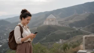 Business traveller checking mobile data in Shamakhi
