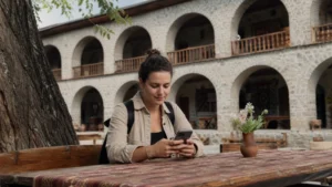 Traveller using an eSIM near historic Sheki architecture