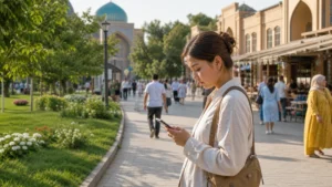 Traveller using a smartphone beside a park and market area in Shymkent.