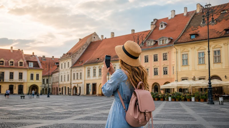 Traveller using a smartphone during mobile internet in sibiu in Romania.