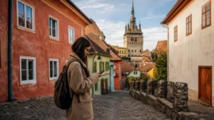 Traveller using a smartphone during mobile internet for visiting sighișoara in Romania.