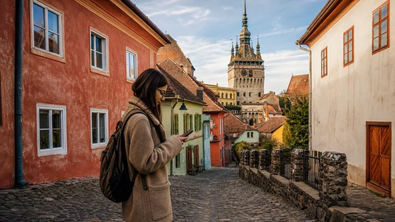Traveller using a smartphone during mobile internet for visiting sighișoara in Romania.