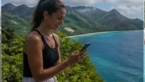 Traveller using a smartphone on Silhouette Island, Seychelles