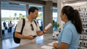 Traveller using a smartphone in Puerto Rico while buying a SIM card at Aguadilla Airport