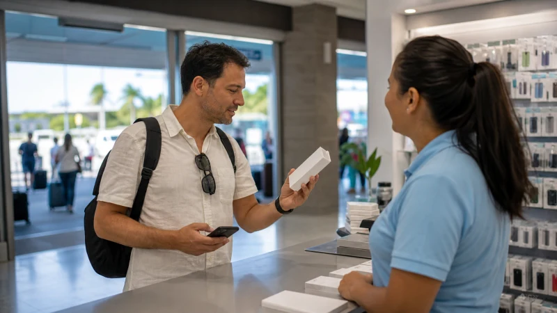Traveller using a smartphone in Puerto Rico while buying a SIM card at Aguadilla Airport