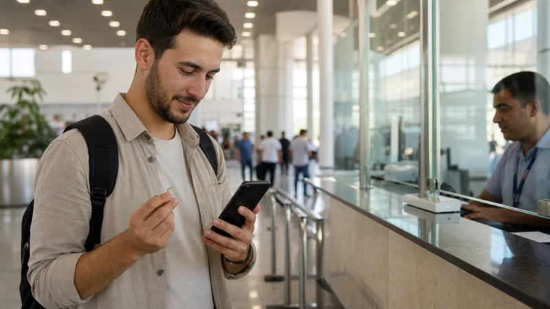 Traveller buying a SIM card at Algiers Airport