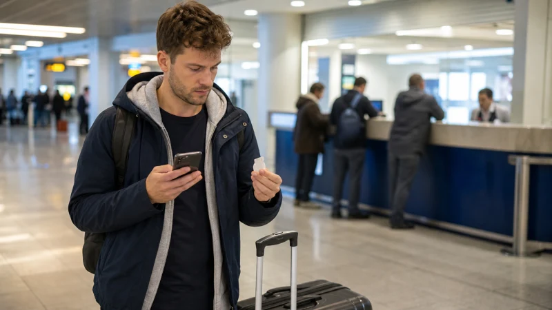 Traveller comparing a smartphone and SIM package at Almaty Airport.