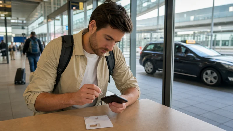 Traveller comparing mobile options at Antwerp Airport in Belgium