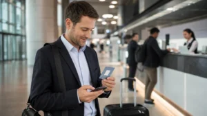 Business traveller comparing a smartphone and SIM package at Astana Airport.