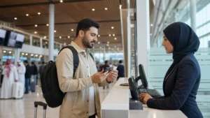 Traveller using a smartphone in Bahrain for sim card bahrain airport