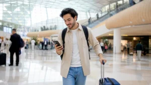 Traveller comparing SIM card and eSIM options at Baku Airport