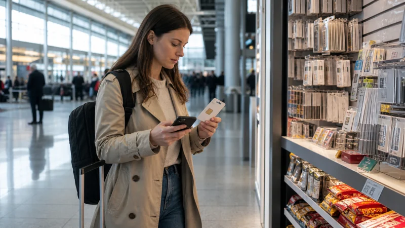 Traveller comparing mobile options at Brussels Airport in Belgium